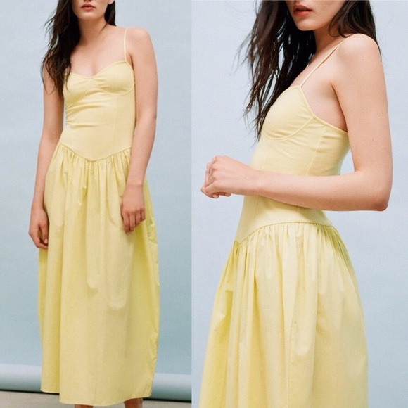 NWT ZARA Combination Poplin Yellow Maxi Dress Size M 5644/359 Bustier Drop Waist - Picture 4 of 16